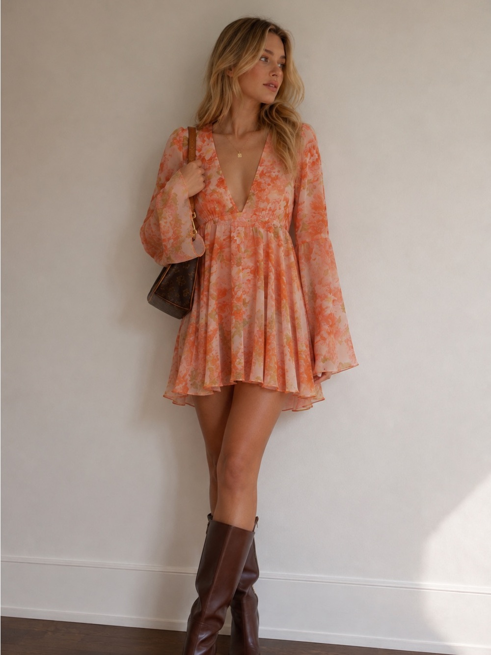 Orange Floral V-Neck Long Sleeve Mini Dress
